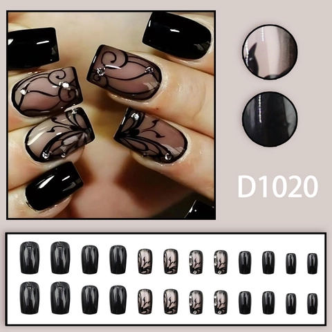 Glossy Black Square Round Press On Nails Vine Butterfly Rhinestones Gothic Vintage Fake Nail Tips Women Manicure Accessory
