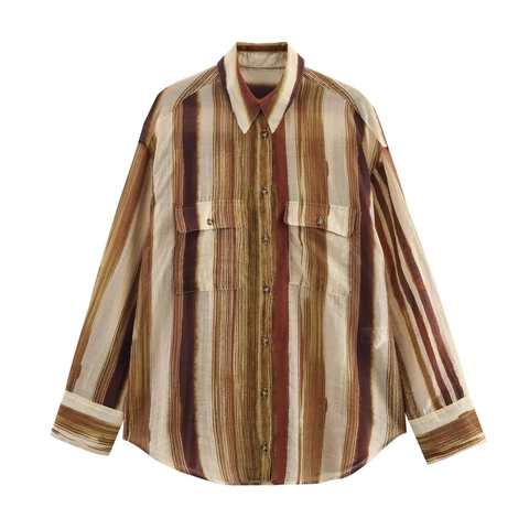Damen Langarm Gestreifte Bluse Hemd Leichtes Polyester Patchwork Button Down Lässig Lose Mode Elegant Oberteil