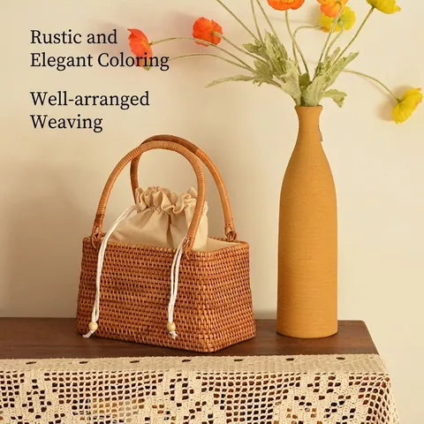 Handgefertigte Gewebte Rattan Handtasche Mit Kordelzugfutter Pastorale Strohkorb Für Frauen Urlaub Picknick Boho Stil