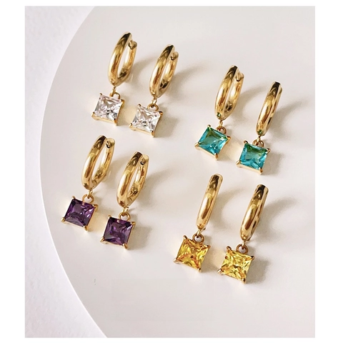 Square Zircon Pendant Hoop Earrings 18K Gold Plated Titanium Steel Colorful Cubic Zirconia For Women Elegant Ins Style