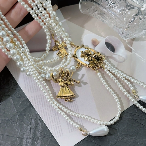 Retro Multi Layered Artificial Pearl Necklace Alloy Angel Cupid Pendant Long Tassel Baroque Aesthetic Jewelry