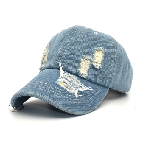 Casquette De Baseball En Denim De Coton Vieilli Avec Anneau En Fer Troué Streetwear Chapeau De Soleil Réglable Hommes Femmes