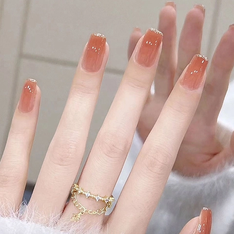 French Ombre Press On Nails Glossy Brick Red Gradient Gold Glitter Square Oval Elegant False Nails For Women
