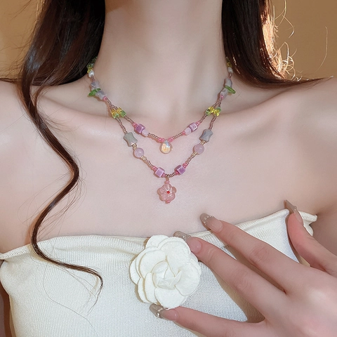 Collana A Doppio Strato Di Perline Fiore Di Vetro Pendente Goccia D'acqua Gioielli Floreali Eleganti Per Donna Fatti A Mano