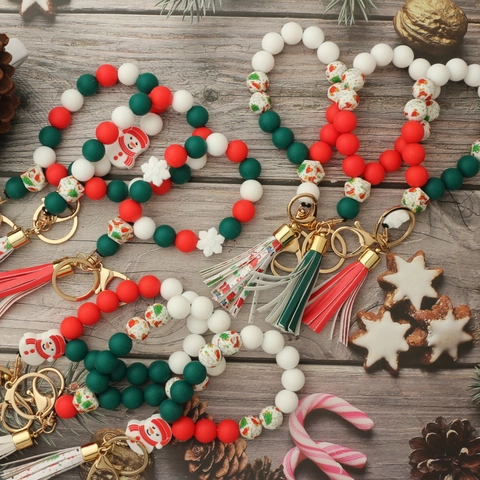 Porte-clés Bracelet en Perles de Silicone de Noël Bonhomme de Neige Flocon de Neige Gland Porte-clés pour Femmes Hommes Alliage Perles Porte-clés Cadeau