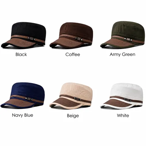 Men's Casual Cotton Military Cadet Cap Vintage Flat Top Sunshade Hat With Leather Trim Metal Badge Adjustable Outdoor Sport Cap