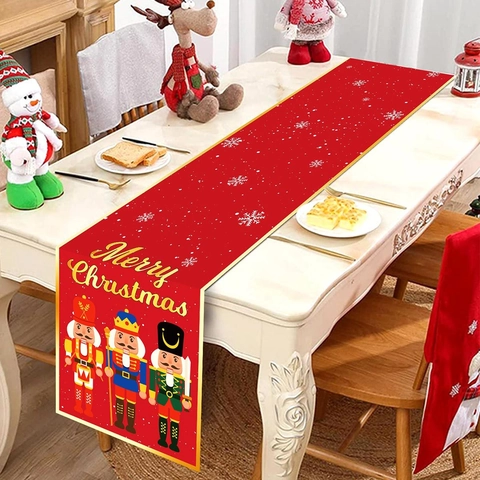Kerst Tafelloper Notenkraker Soldaat Rood Polyester Goud Sneeuwvlok Bedrukte Feestelijke Eetkamer Decoratie