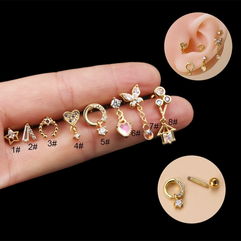 Heart Butterfly Zircon Stud Earrings With Stainless Steel Post Copper Screw Back Cartilage Piercing Jewelry For Women
