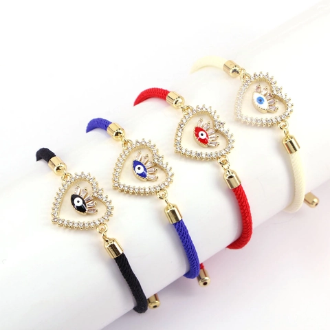 Bracciale Cuore Malocchio Corda Intrecciata Ottone Placcato Oro 18K Zirconi Regolabile Bohemien Gioielli Donna