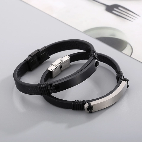 Bracciale Da Uomo In Acciaio Inossidabile Piastra ID Curva Pelle Vera Intrecciata Braccialetto Moda Business Casual