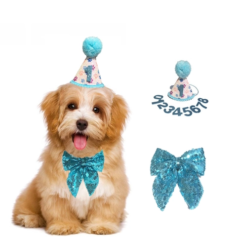 Pet Birthday Party Decoration Sequin Hat Bandana Scarf Bow Tie With Interchangeable Numbers For Dogs Cats Celebration