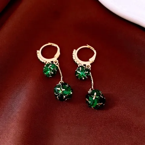 Green Rhinestone Drop Earrings For Women Elegant Copper Golden Spherical Faceted Tassel Dangle Vintage Jewelry