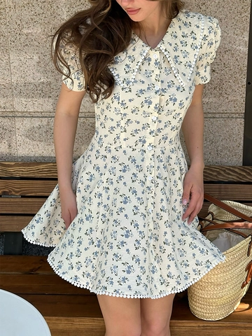Robe Courte En Coton Imprimé Fleuri Vintage Français Col Claudine Manches Bouffantes Douce Pour Femmes
