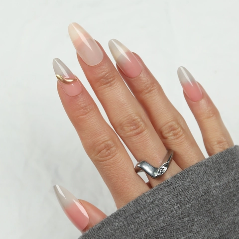 Vergoldete Press On Nails Mandelform 3D Metalllinie Gradient Rosa Grau Handgefertigte Künstliche Nägel Für Profi DIY Maniküre