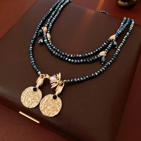 Vintage Multi Layer Lange Ketting Legering Munt Hangers Bij Bedel Imitatie Kunstparel Gefacetteerde Glazen Kralen Dames