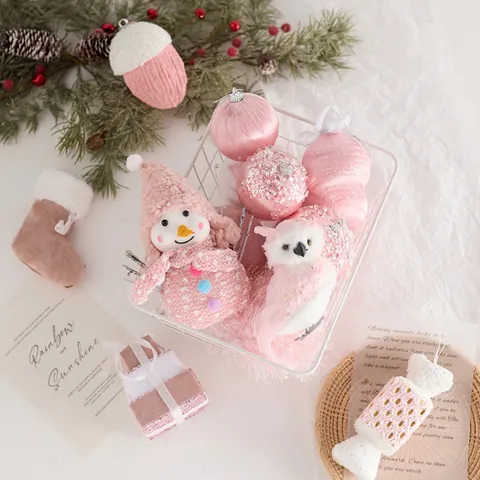 Pink Christmas Ornaments Foam Plush Ball Snowman Star Tree Topper Holiday Decoration Romantic Ins Style