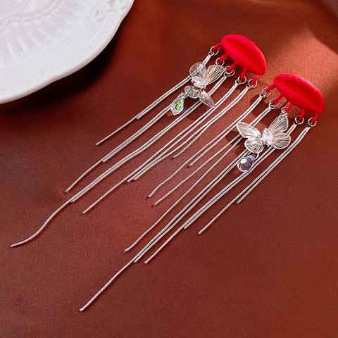 Lange Kwastjes Oorbellen Met Rode Lippen Vlinder Met Zirkoon Kristal Legering En Zilveren Oorsteker Voor Dames