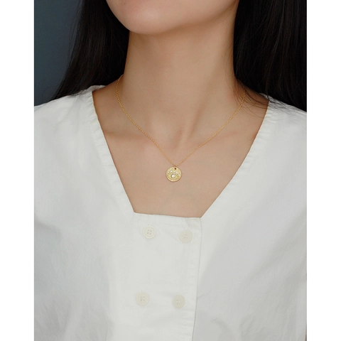 Collana Con Pendente Moneta Occhio Del Diavolo In Argento Sterling 925 Da Donna Medaglione Rotondo Martellato Con Zircone