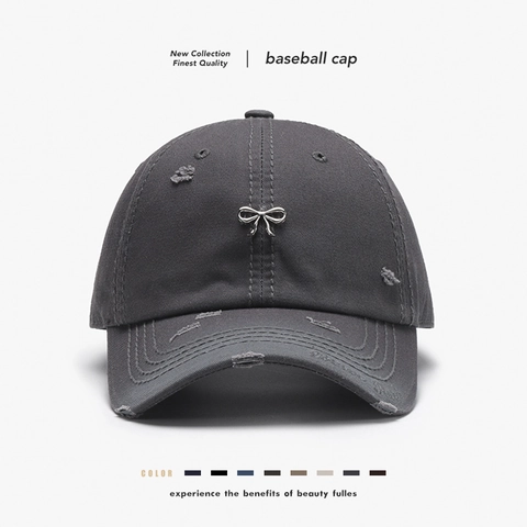 Casquette De Baseball En Coton Dechiré Avec Noeud En Metal Argente Style Vintage Reglable Chapeau Protection Solaire