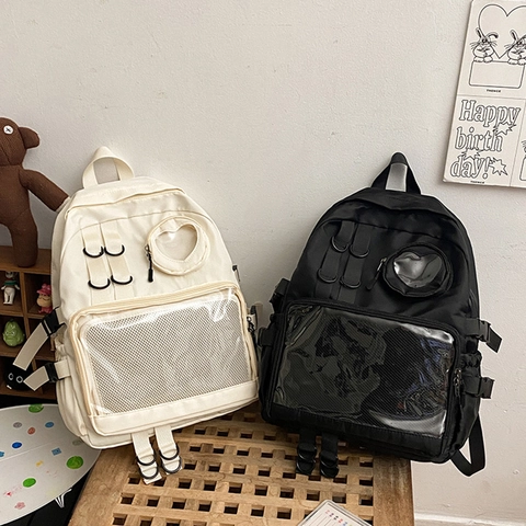 Sac À Dos En Nylon Grande Capacité Pour Filles Style Japonais Sac Ita Avec Fenêtre Coeur Et Poche Filet Sac D'école
