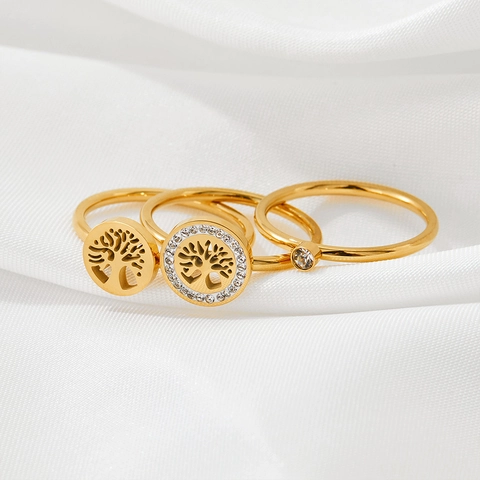 Tree Of Life Finger Rings Stainless Steel Rhinestone Sparkling Hollow Round Design Jewelry For Women