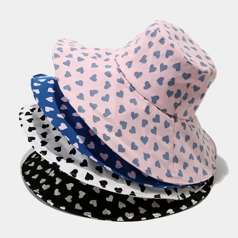 Heart Print Bucket Hat Wide Brim Sun Protection Polyester Windproof Strap Beach Vacation Women