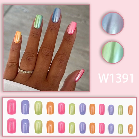 Press On Nails Metallic Aurora Polarized Finish Medium Square Head Fake Nails For Women Minimalist Fashion Candy Color