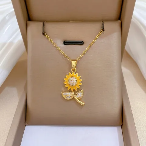 Zonnebloem Hanger Ketting Goud Titanium Staal Koper Zirconia Geel Emaille Elegante Florale Sieraden Vrouwen