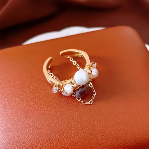 Handmade Wire Wrapped Open Ring With Artificial Pearl Purple Stone Zircon And Chain Fringe Vintage Gold Plated Jewelry