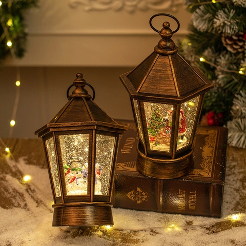 Weihnachts Latern Retro Schneekugel LED Wasserlampe Weihnachtsmann Schneemann Interieur Glitzer Bronze Desktop Ornament