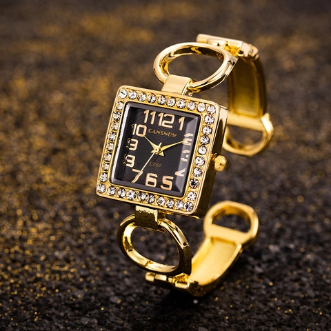 Fashion Women Quartz Watch Square Rhinestone Dial Alloy Bangle Bracelet Style Elegant Ladies Wristwatch Luxury Accessory