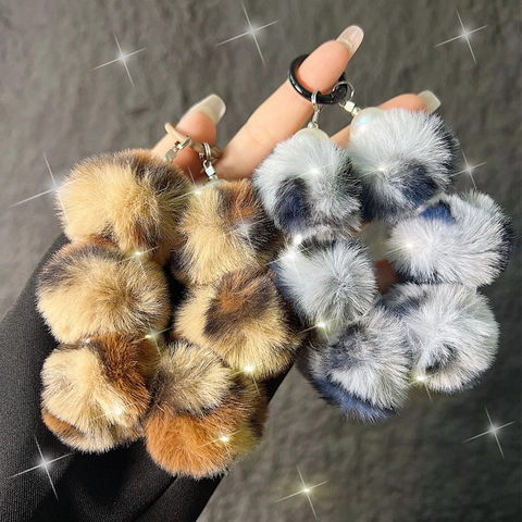 Leopard Print Plush Fur Ball Phone Strap Bag Charm Wristlet Accessory With Faux Artificial Pearl