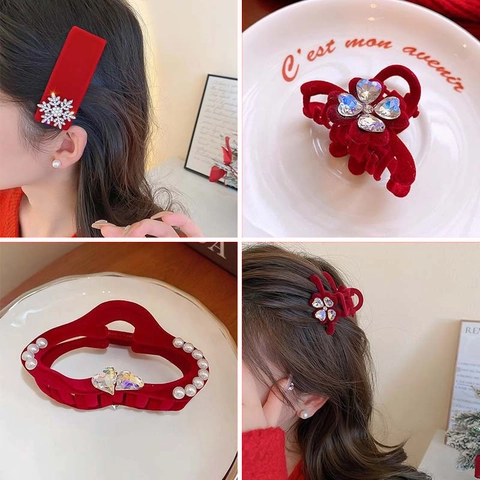 Molletta Per Capelli Con Fiocco In Velluto Rosso Strass Perla Artificial Nappa Elegante Festivo Artiglio Per Capelli Per Donna