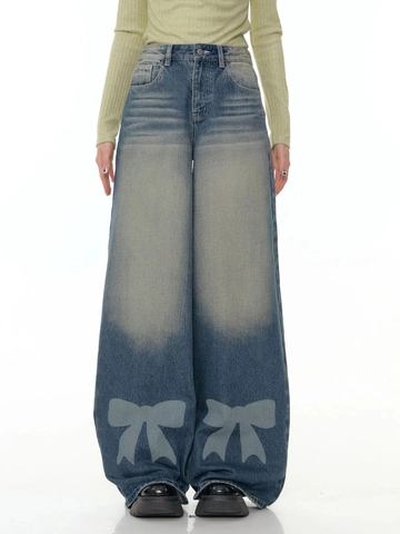 Vaqueros De Pierna Ancha Azul Lavado Retro De Cintura Alta Con Estampado De Lazos Para Mujer Ropa De Calle