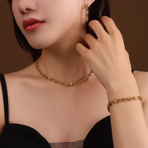 Collana Bracciale Orecchini A Catena Grossa Geometrica In Acciaio Al Titanio Placcato Oro Stile INS Gioielli Moda