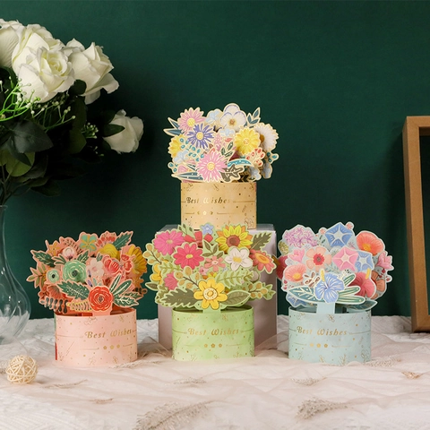 3D Pop-Up Greeting Card Handmade Paper Flower Bouquet Laser Cut With Envelope Gold Foil For Birthday Mother Day