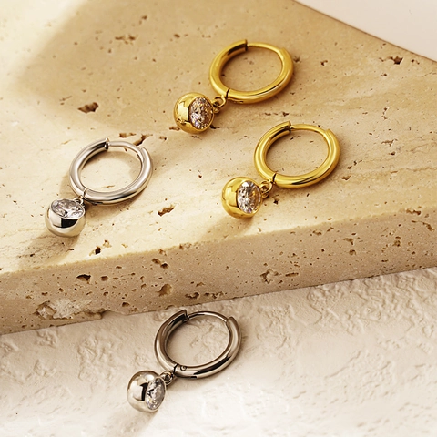 Boucles D'oreilles Créoles En Acier Inoxydable Avec Pendentif En Zircone Ronde Bijoux Géométriques Tendance Pour Femmes