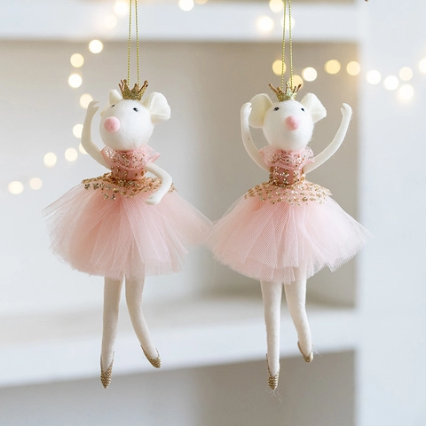 Cute Felt Mouse Ballerina Hanging Ornament With Pink Tulle Tutu Skirt Gold Crown Creative Christmas New Year Festival Home Decoration