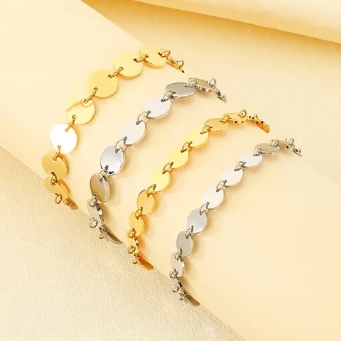 Stainless Steel Round Disk Chain Bracelet For Women Minimalist Geometric Mirror Polished Adjustable Jewelry