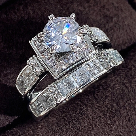 Koperen Zirkon Verlovingsring En Trouwring Halo Rond Zirkonia Pavé Luxe Bruidssieraden Dames