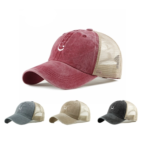 Washed Cotton Trucker Hat Mesh Back Atmungsaktive Baseballkappe Smiley Stickerei Retro Outdoor Verstellbar Sonnenschutz