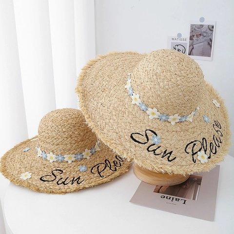 Sun Please Bestickter Strohhut Breite Krempe Ausgefranster Rand Blumen Dekor Sommer Strand Urlaub Damen