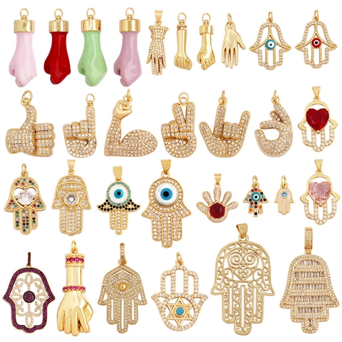 Hamsa Hand Böser Blick Anhänger Kupfer Zirkonia Eingelegt DIY Schmuckherstellung Zubehör Handgeste Stil Für Halsketten