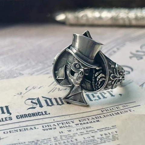 Vintage Zinklegierung Totenkopf Ring Mit Zylinder Ace Of Spades Gothic Punk Hip Hop Retro Siegel Jewelry Für Herren