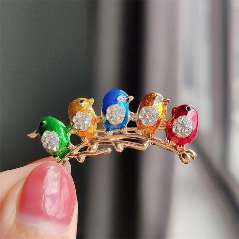 Birds On Branch Brooch Alloy Enamel Rhinestone Inlaid Colorful Animal Pin Jewelry For Women Scarf Buckle