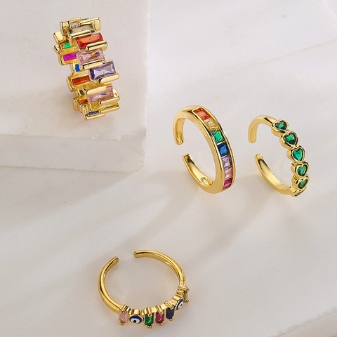 Verstellbarer Offener Ring Kupfer 18K Vergoldet Bunte Baguette Zirkon Herz Böser Blick Geometrischer Modeschmuck Für Frauen