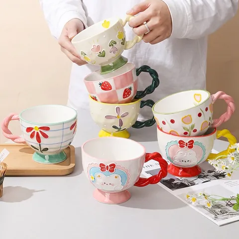 Ceramic Mug Hand Painted 3D Relief Twisted Handle Coffee Cup Large Capacity Breakfast Oatmeal Cup Cute Cartoon Floral