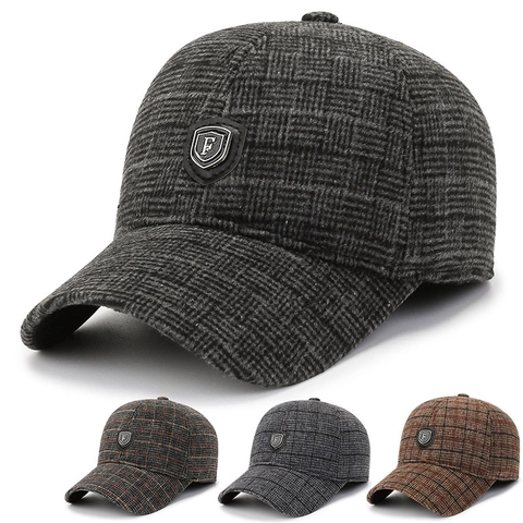 Herren Winter Baseballkappe Kariert Wolle Tweed Fleece Gefüttert Warm Ohrenschutz Faltbare Ohrenklappen Outdoor Hut
