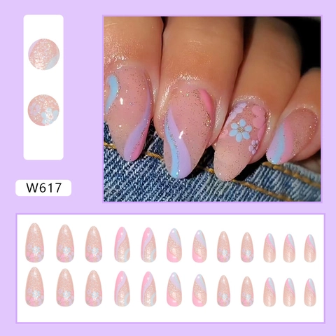 Press On Nagels Amandelvorm Bloemenpatroon Golflijn Glitter Kunstnagels Zoete Glanzende INS Stijl Voor Vrouwen