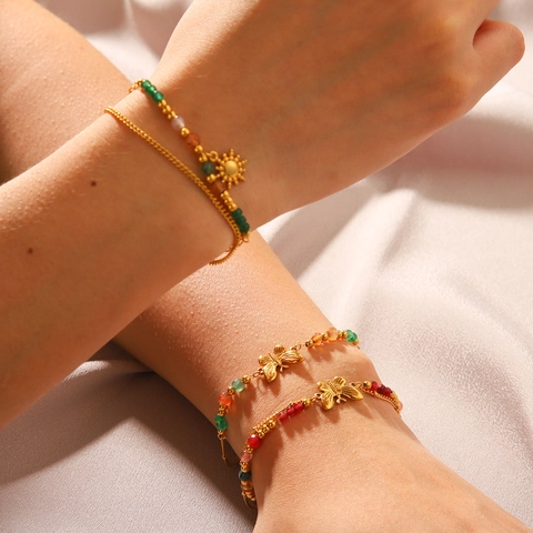 French Retro Stainless Steel Bracelet With Colorful Natural Stone Beads Butterfly Sun Pendant Double Layer Bohemian Jewelry